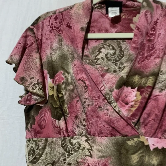 Y2K JKLA Floral Pink and Brown Faux Wrap Romantic Short Sleeve Blouse - Picture 3 of 5